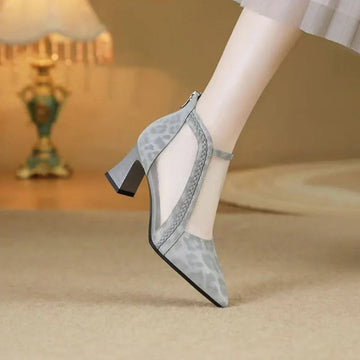 Women's Fashion Mesh Pointed Toe Chunky High Heels