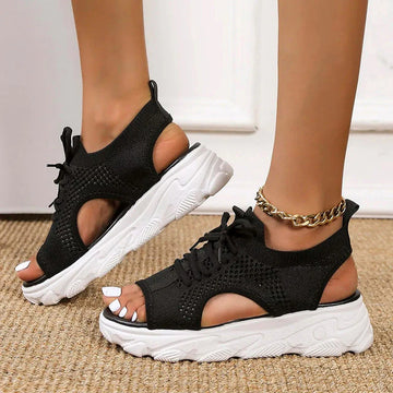 Women's Sneakers-Sandals - Breathable Knitted Upper - Adjustable Lace Closure - Chunky Sole