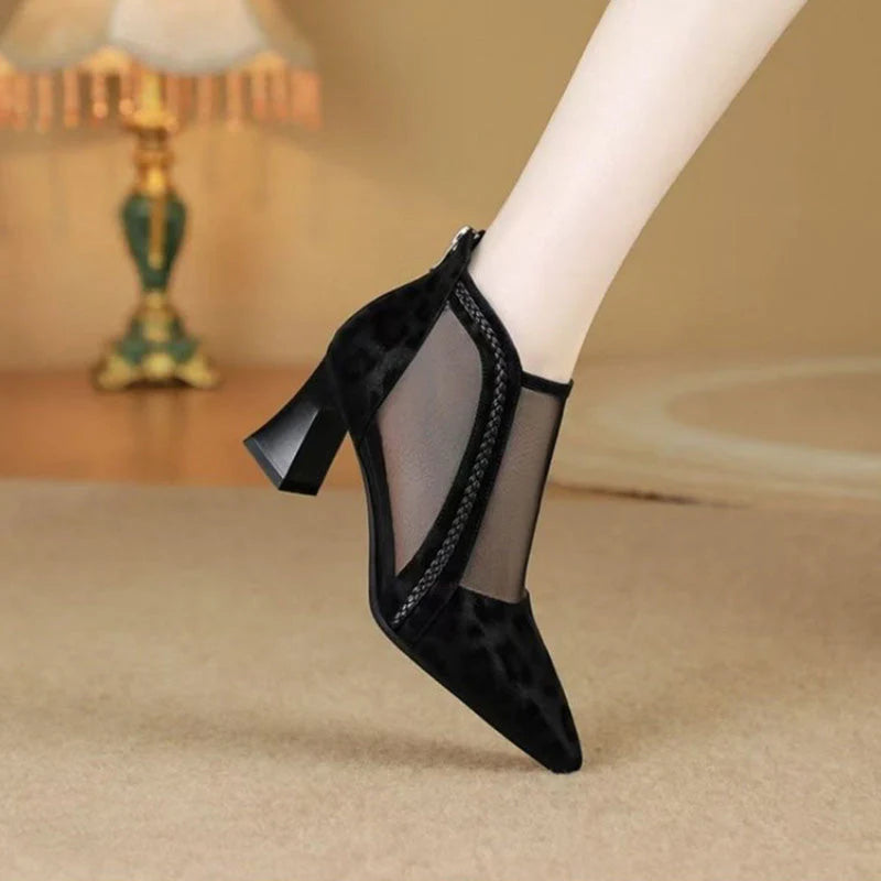 Women's Fashion Mesh Pointed Toe Chunky High Heels